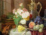 Famous Ledge Paintings - Carnations in a glass vase on a draped marble ledge